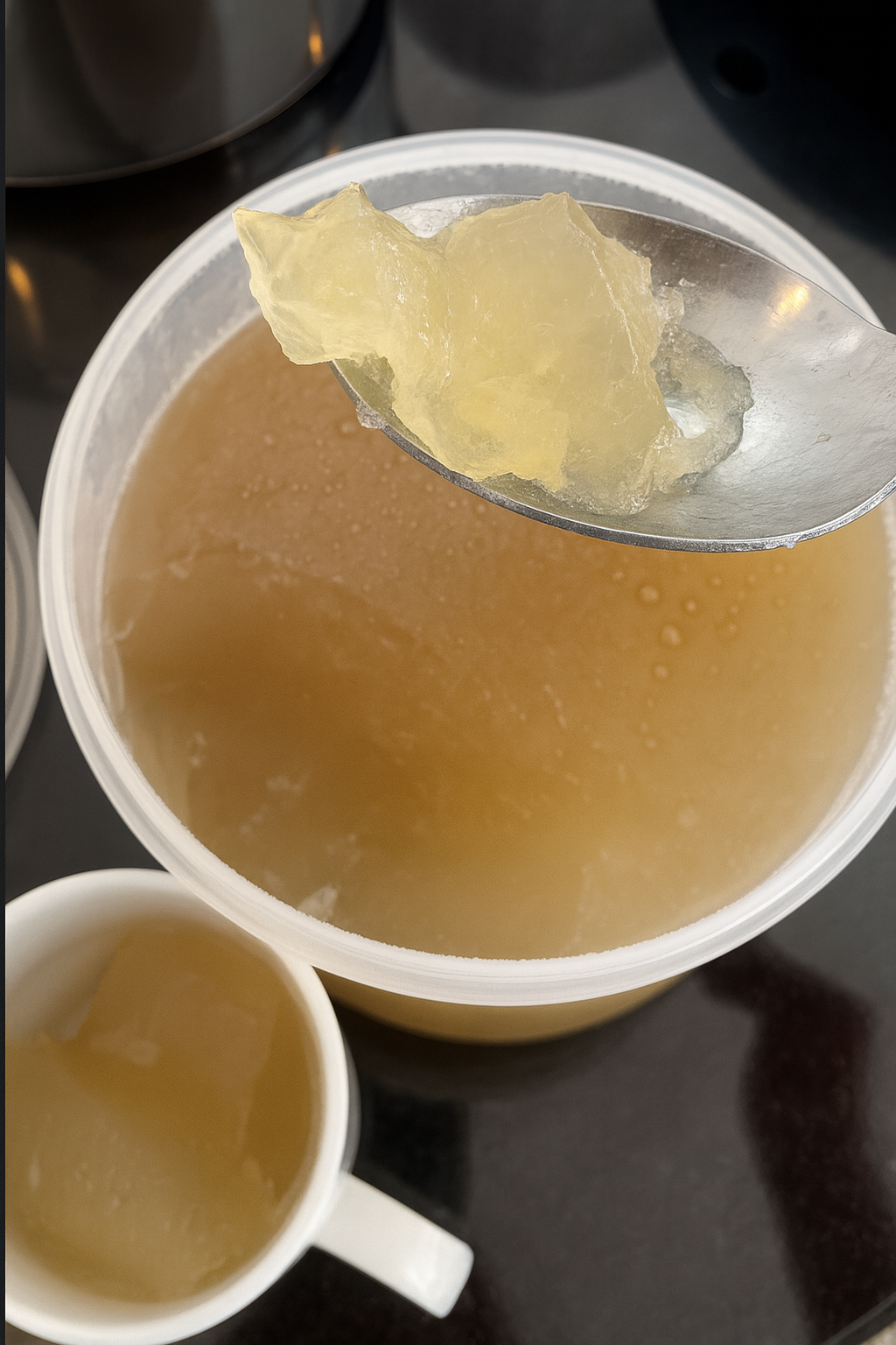 Gelatinous bone broth on spoon showing perfect gel consistency