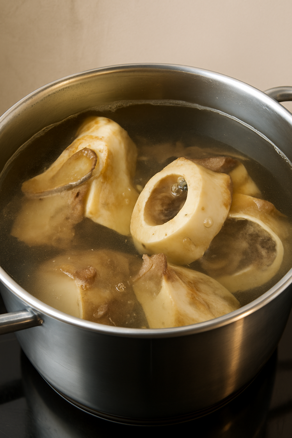 Beef marrow bones simmering in pot